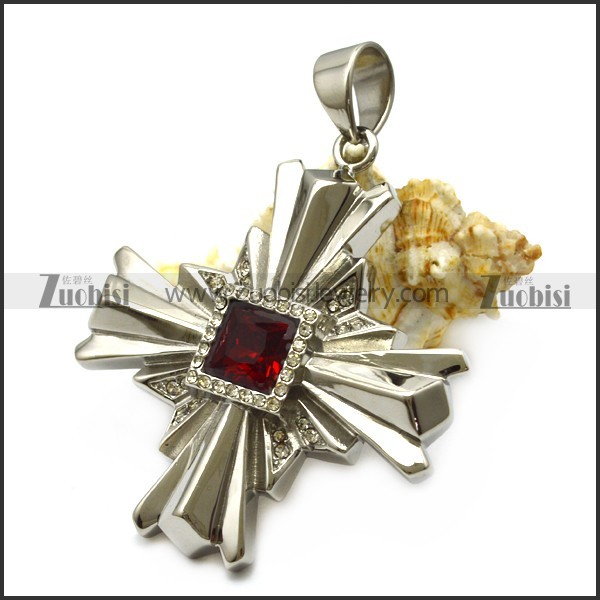 Silver Stainless Steel Cross Pendant with Square Faceted Red Stone p007039