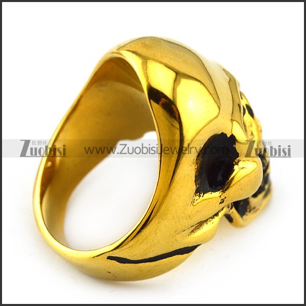Gold Plating Stainless Steel Skull Ring with 2 Dark Black Rhinestones Eyes r004284