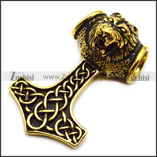 53MM Long Vintage Gold Solid Viking Lion Head Pendant p007017