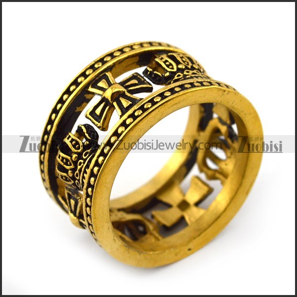 Cross and Crown Hollow Ring in Vintage Gold Plating r004518
