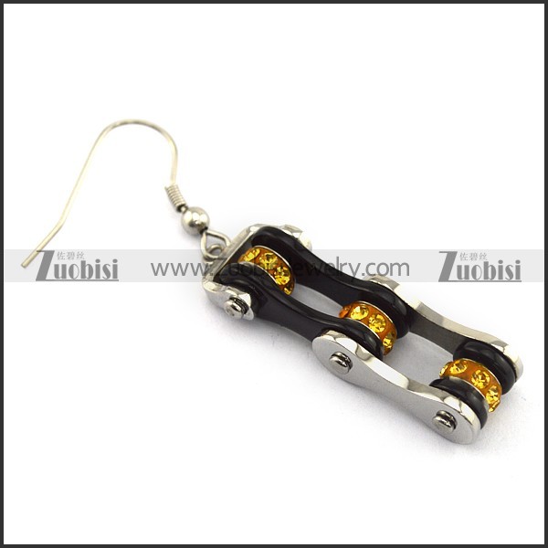 Silver Outside and Black Inside Bike Chain Earring Hook with Yellow Rhinestones e001132