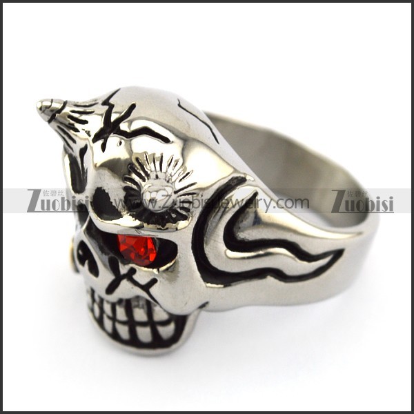 Solid Back One Red Crystal Eye Viking Skull Ring Biting Bullet r004913