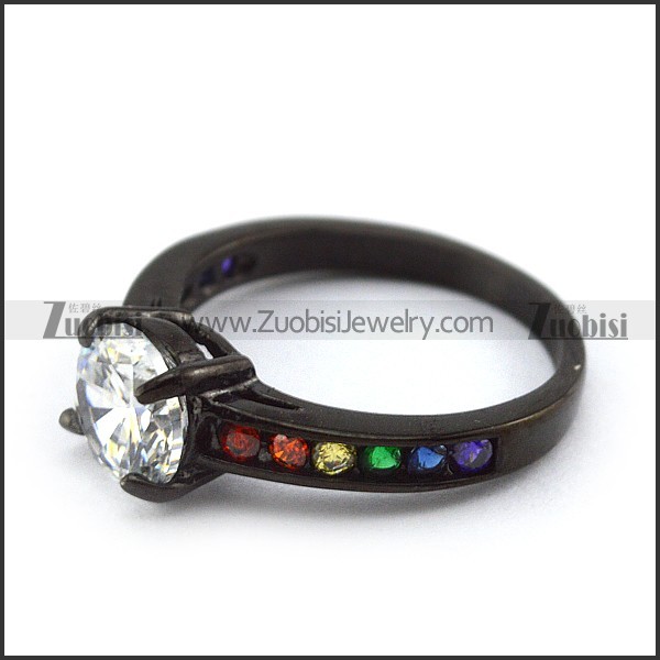8mm Big Clear Cubic Zirconia Stone Stainless Steel Black Rainbow Ring r003957
