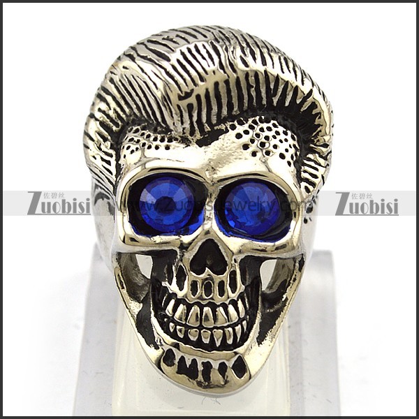 Silver Stainless Steel Handsome Skull Ring with Blue Rhinestones Eyes r004308