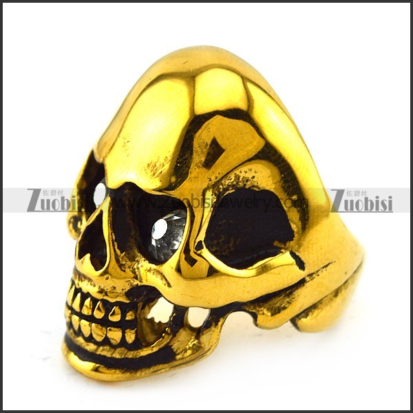 Vintage Gold Plating Steel Skull Ring with Crystal Rhinestone Eyes r004285