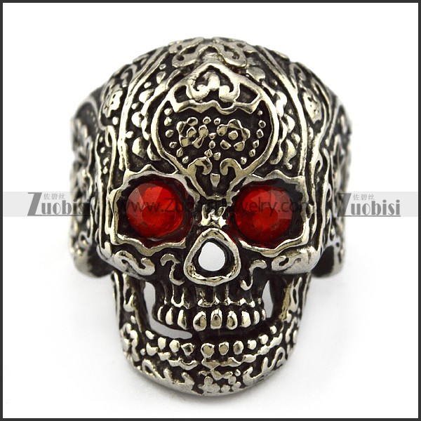 Dark Red Rhinestones Eyes Flower Skull Ring r004303