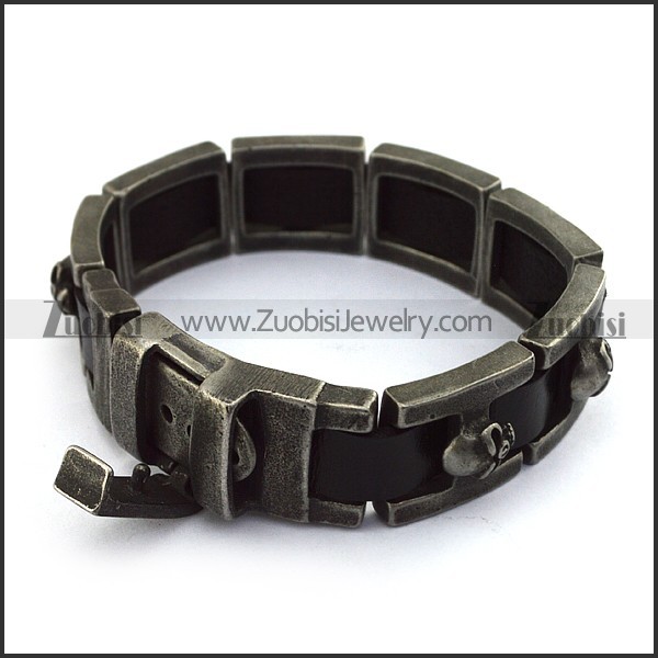 Antique Stainless Steel Skull Bracelet Strung by Black Leather b004605