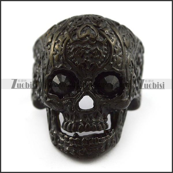 Black Rhinestones Eyes Flower Skull Ring r004309