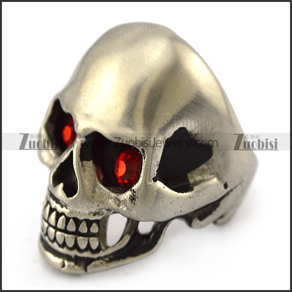 Matt Stainless Steel Skull Ring with Ruby Rhinestone Eyes r004288