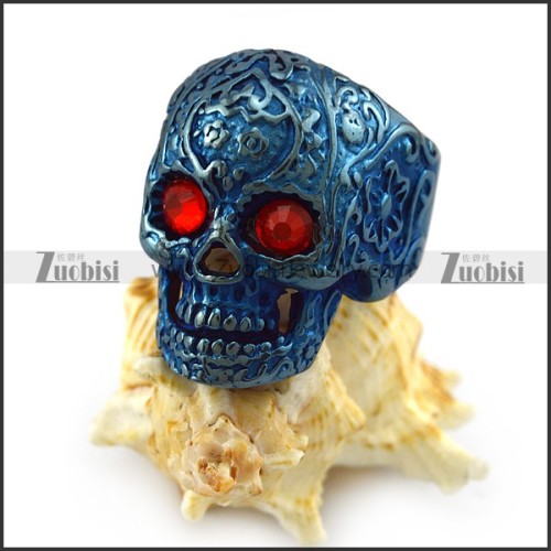Dark Red Rhinestone Eyes Flower Skull Ring in Blue Finishing r004313