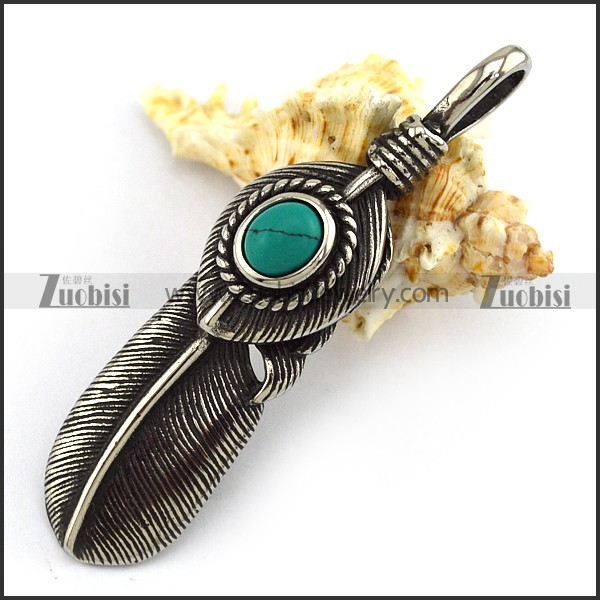 Retro Stainless Steel Feather Pendant with Turquoise Stone p002965