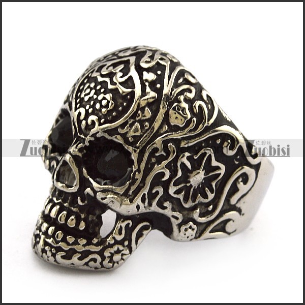 Dark Black Rhinestones Eyes Flower Skull Ring r004301