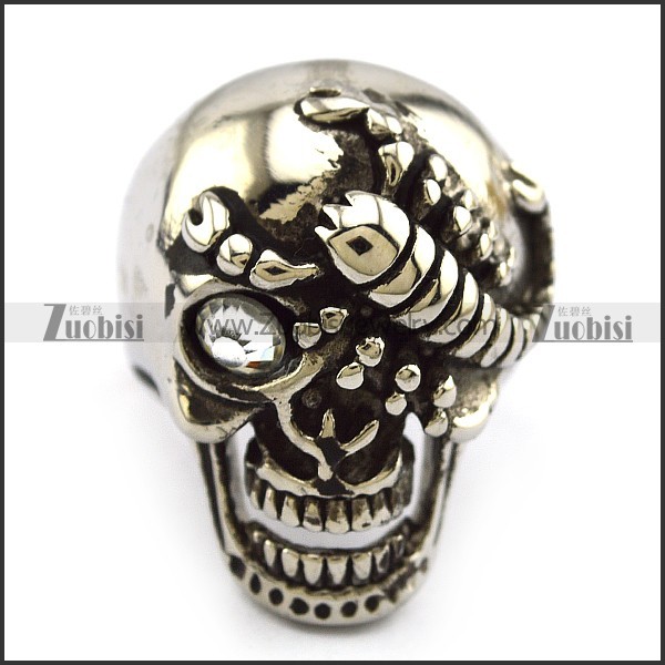One Clear Rhinestone Eye Silver Stainless Steel Skull Ring with Scorpion r004320