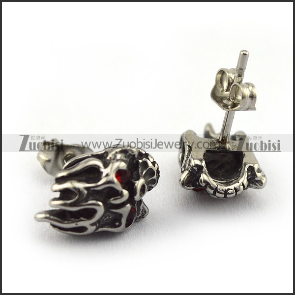 Stainless Steel Fire Skull Earring with Red Crystal Eyes e000377
