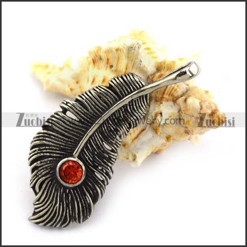 50MM Vintage Steel Feather Pendant with Red Rhinestone p004214
