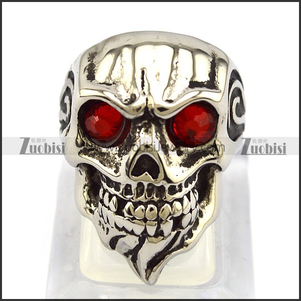 Ruby Rhinestone Eyes Skull Ring with Beard r004323