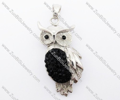 Black Rhinestone Stainless Steel Owl Bird Pendant - JP420028