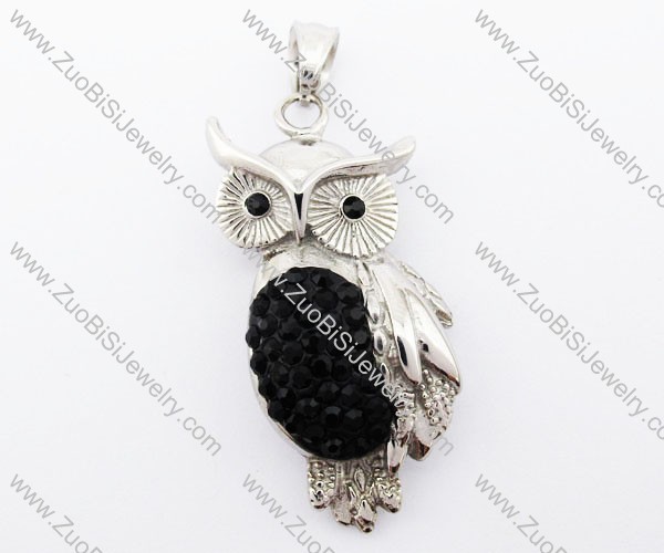 Black Rhinestone Stainless Steel Owl Bird Pendant - JP420028