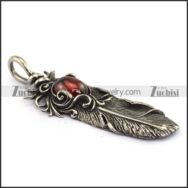 Clear Red Stone Stainless Steel Feather Pendant p003867