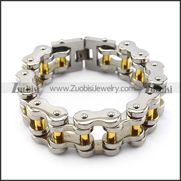 Silver Tone Motorcycle Chain Bracelet for Bikers in 25MM Wide with Golden Tube b005406
