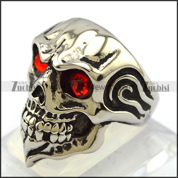Ruby Rhinestone Eyes Skull Ring with Beard r004323
