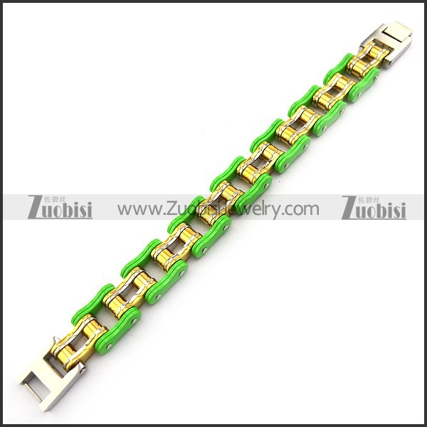 Large Green Outside and Gold Plating Inside Steel Bike Chain Bracelet b005812