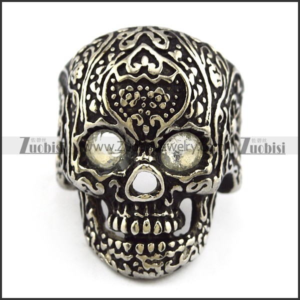 Clear Rhinestones Eyes Flower Skull Ring r004302