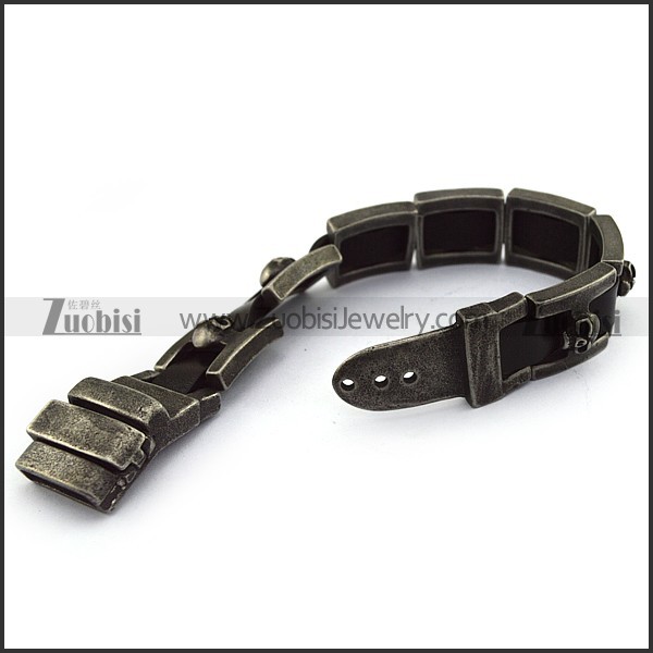 Antique Stainless Steel Skull Bracelet Strung by Black Leather b004605