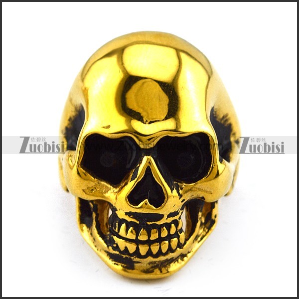 Gold Plating Stainless Steel Skull Ring with 2 Dark Black Rhinestones Eyes r004284