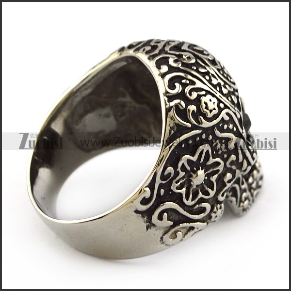 Dark Black Rhinestones Eyes Flower Skull Ring r004301