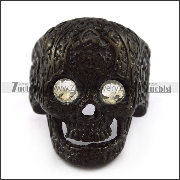 Black Plating Flower Skull Ring with 2 Clear Rhinestones Eyes r004310