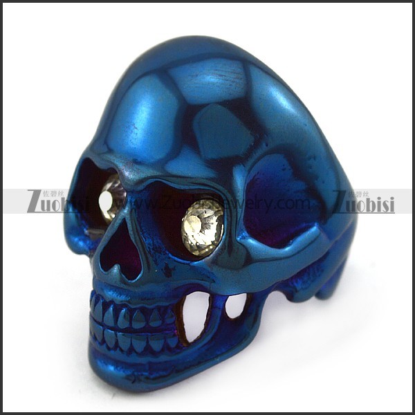 Blue Stainless Steel Skull Ring with Crystal Eyes r004291