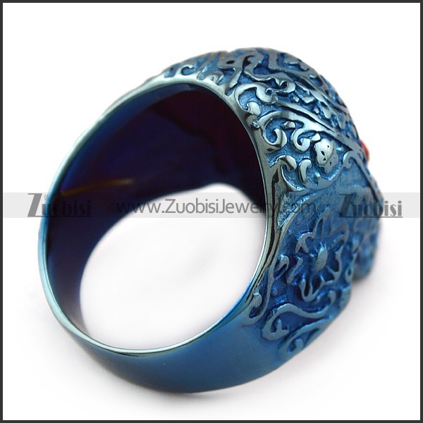 Dark Red Rhinestone Eyes Flower Skull Ring in Blue Finishing r004313