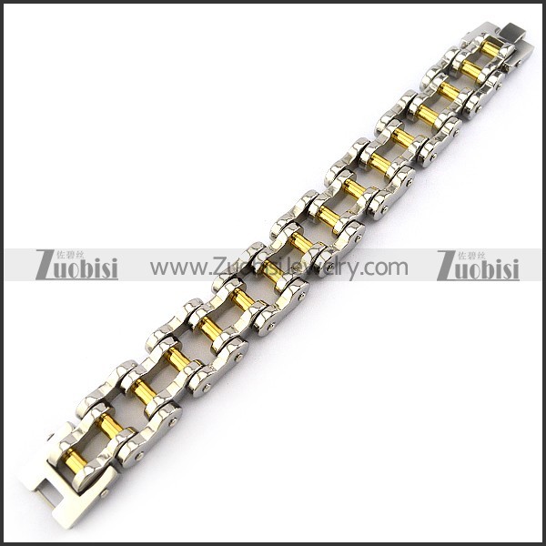Silver Tone Motorcycle Chain Bracelet for Bikers in 25MM Wide with Golden Tube b005406