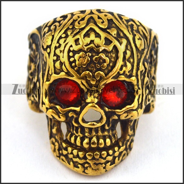 red-hot rhinestone eyes gold plating flower skull ring r002004