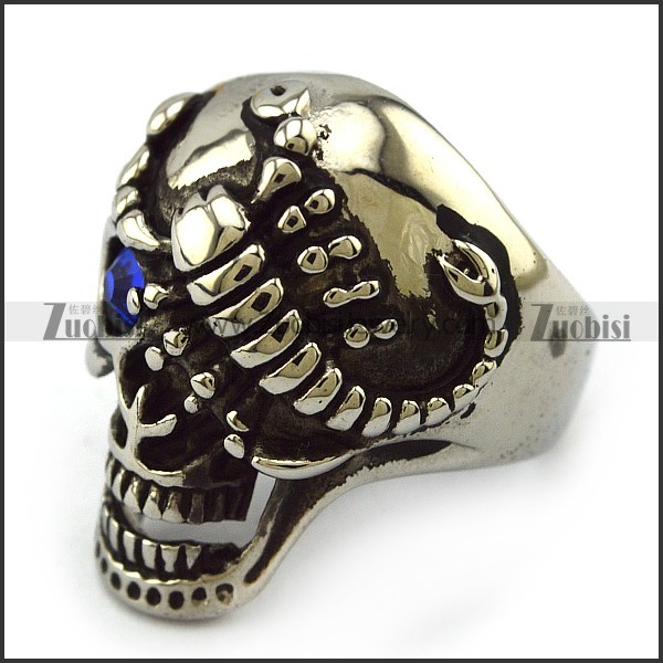 Blue Eye Scorpion Steel Skull Ring r004322