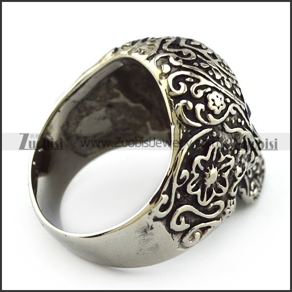 Antique Silver Stainless Steel Blue Eyes Flower Skull Ring r004304