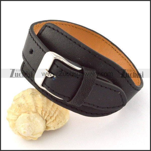 32mm Wide Black Leather Bracelet with Stainless Steel Watch Buckle b000686