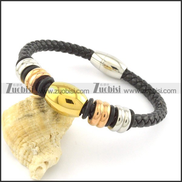 210 length black leather bracelet with 3 plating steel accessories b001608