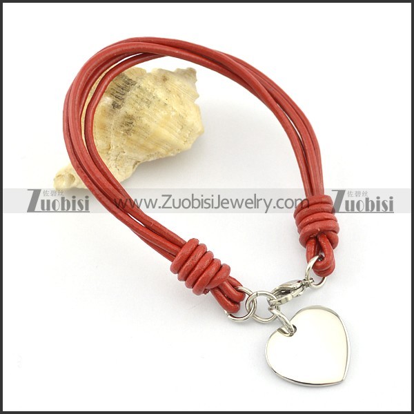 Stainless steel heart-shaped pendant deep red leather rope bracelet b002309