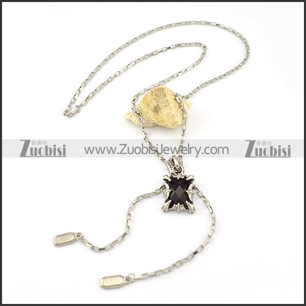 Zip-fastener Chain in 316L Stainless Steel with a Black Punk Stone Pendant -n000236
