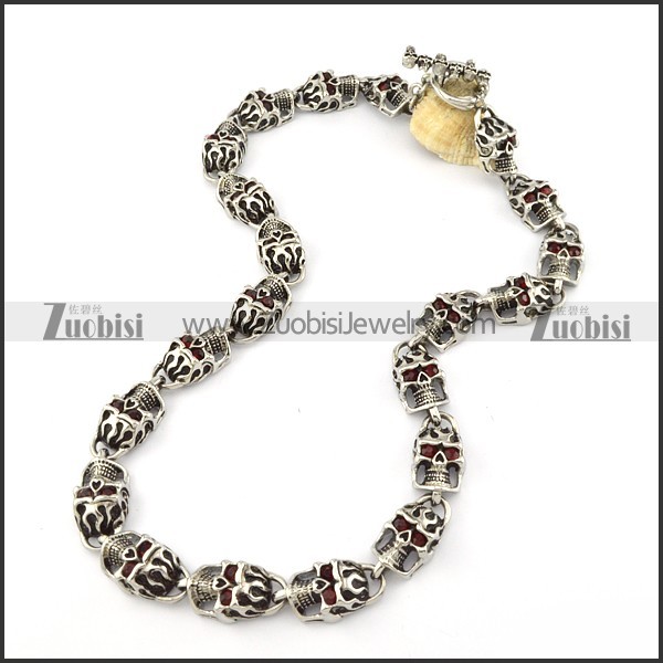 21 Ruby-red Eye Skull Stainless Steel Necklace in Length of 61cm for Strong Mens -n000205