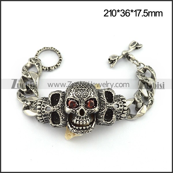 3 Casting Ruby Zircon Skulls Bracelet with Skulls OT Buckle in Vintage Style b004051