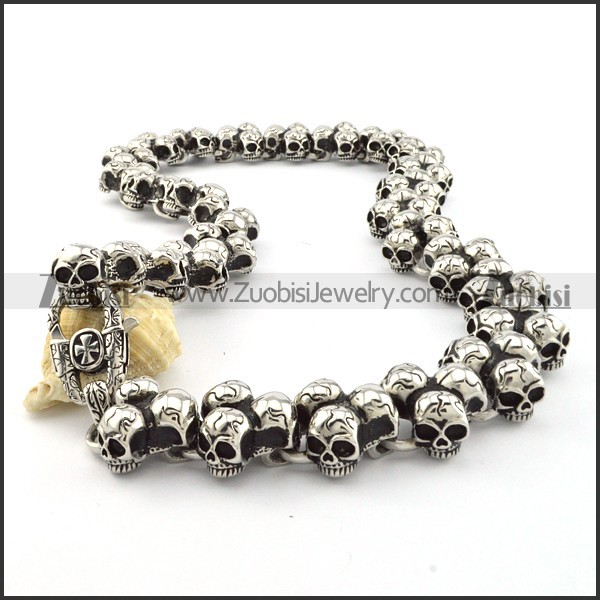Motorcycle Chain Link Skull Necklace Huge in Stainless Steel -n000202