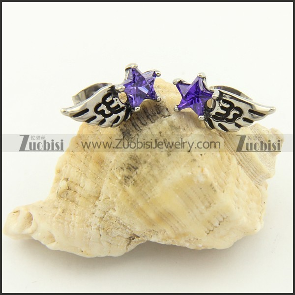 Clear Purple Facted Stone Lucky Star Earring with Wings e000682