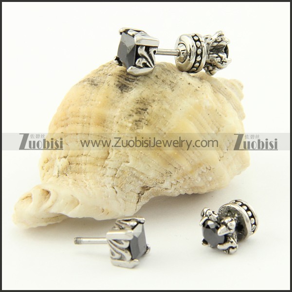 6mm earrings in stainless steel with square black stone e000704