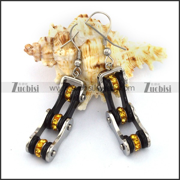 Silver Outside and Black Inside Bike Chain Earring Hook with Yellow Rhinestones e001132