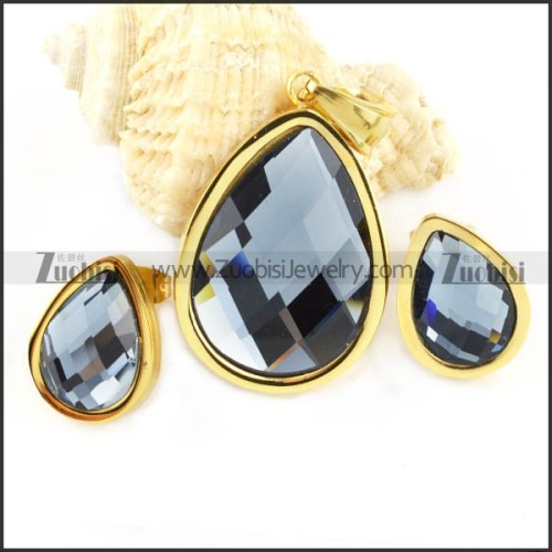 Gold Stainless Steel jewelry set with Smoky Gray Faceted Stone -s000074