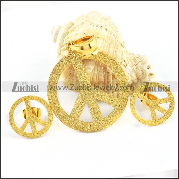 Gold Stainless Steel Peace Sign Jewelry Set-s000084