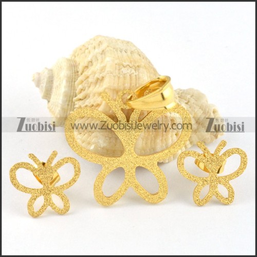 Gold Sand Hollowing Stainless Steel Butterfly Jewelry Set -s000099